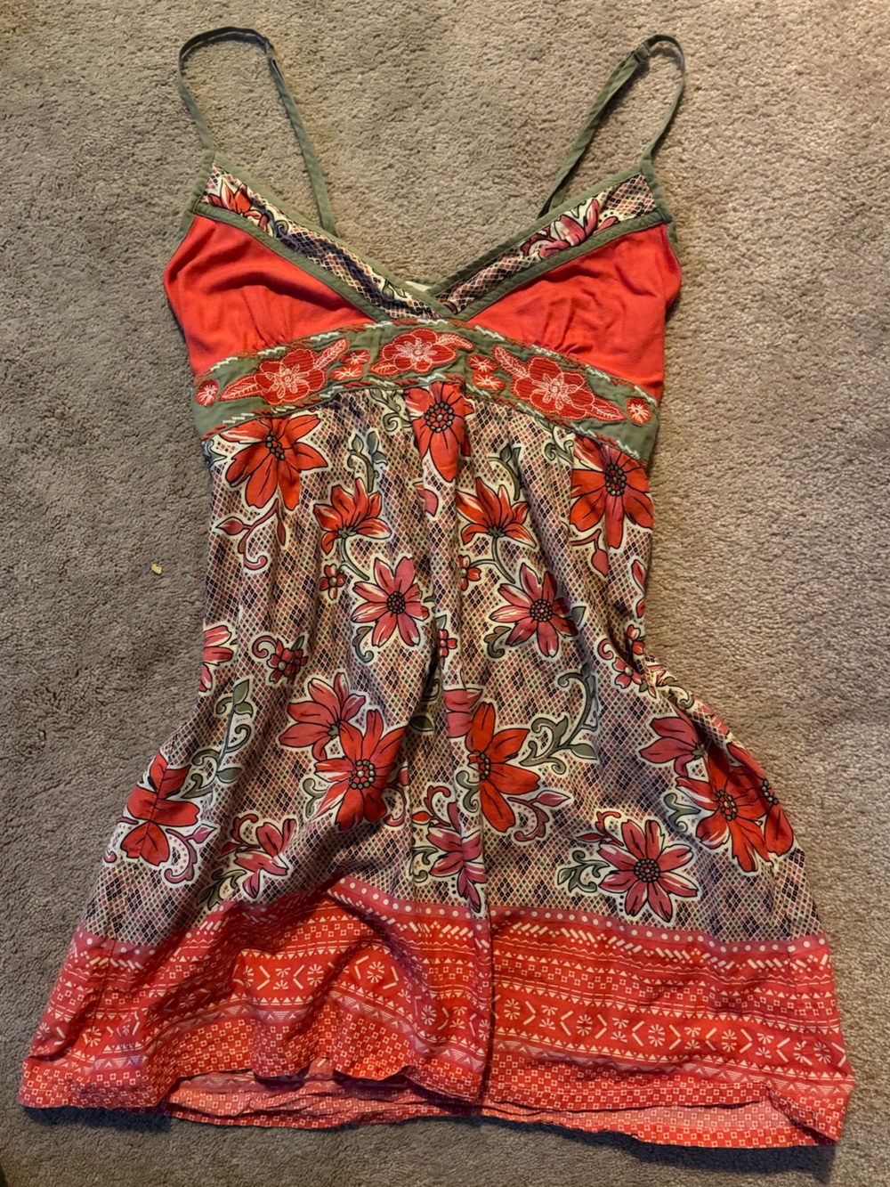 Y2K boho tank top dress Olive Green and Orange Embroidered Tank Top